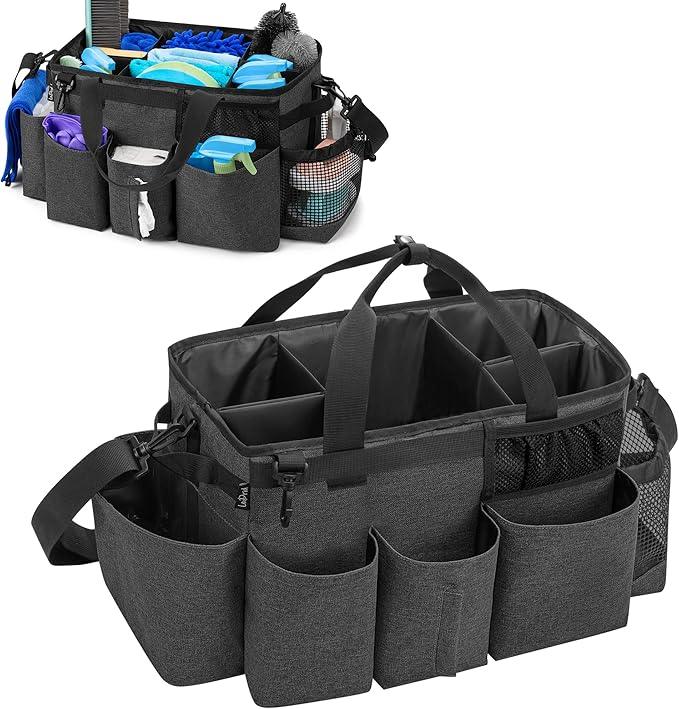 LoDrid Wearable Cleaning Caddy Bag with 4 Foldable Dividers, Cleaning Supply Organizer with Shoulder Strap and Side Handles for Cleaners & Housekeepers, Black - NeatNest
