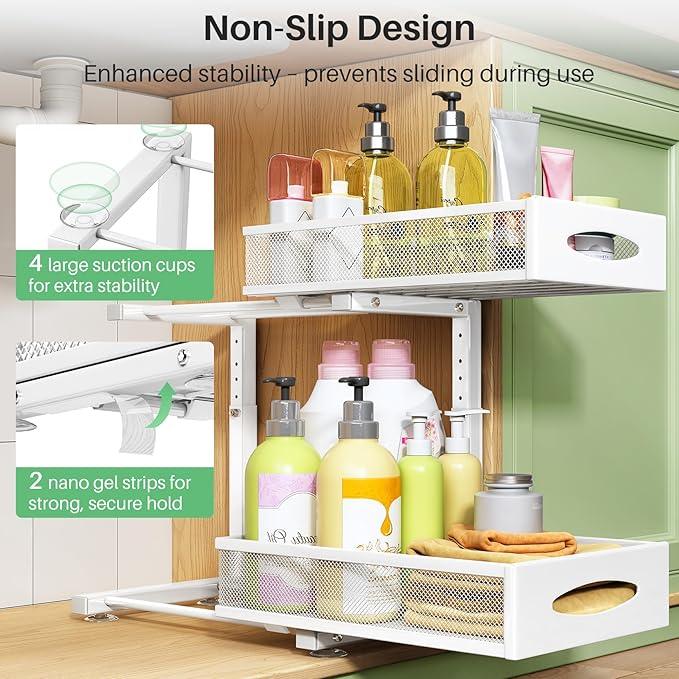 Under Sink Organizer, 2 Pack 2 Tier Pull out Cabinet Organizer Baskets with Mesh Sliding Drawers, Slide out Sink Storage Shelves for Kitchen, Bathroom, Pantry, Cabinet Organizers and Storage(White) - NeatNest