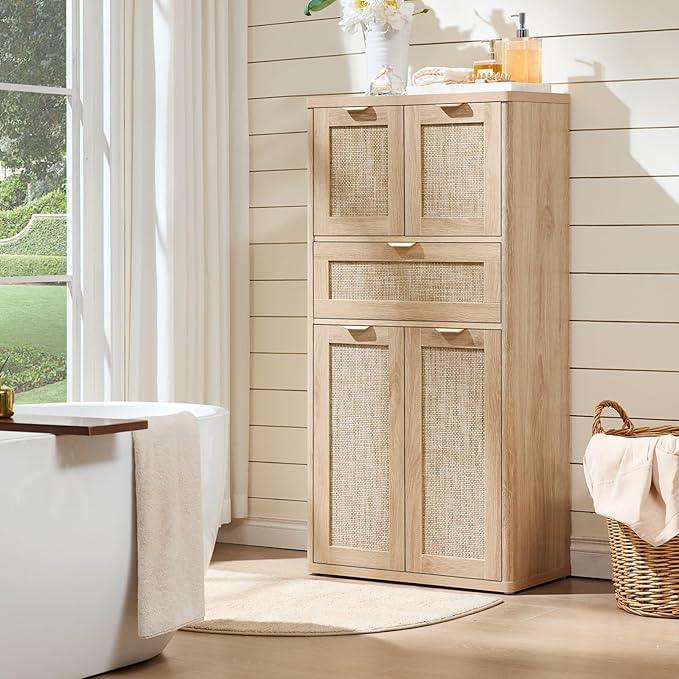LEYAOYAO 48" Tall Storage Cabinet,Rattan Bathroom Floor Cabinets with 4 Doors & 1Drawer,Boho Kitchen Pantry with Adjustable Shelves,Wooden Cupboard for Living Room,Home Office,Dining,Natural Wood - NeatNest