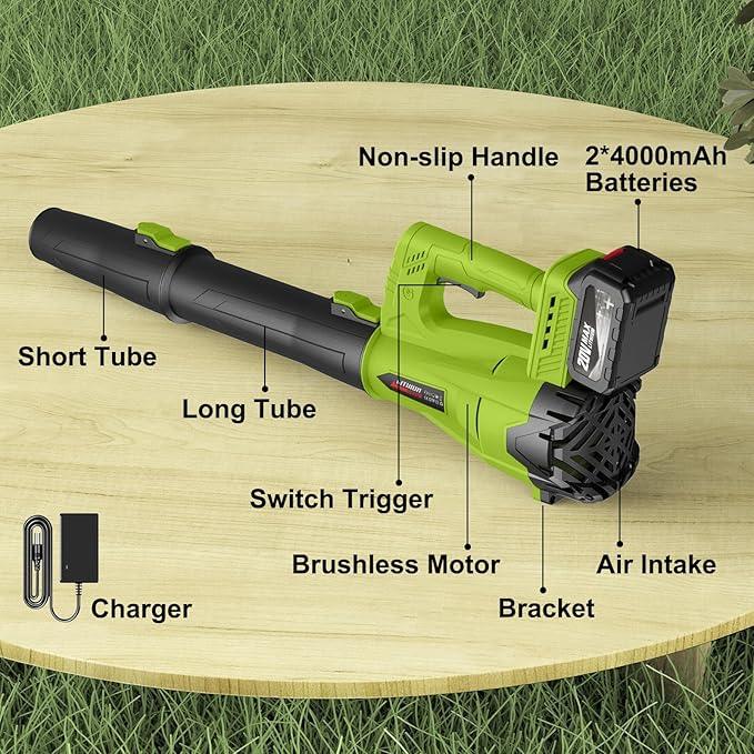 Leaf Blower Cordless with 2 x 4.0 Ah Battery and Charger, 160MPH/580CFM High Power Lightweight Handheld Electric Snow Blower with 2 Extended Tubes for Lawn, Yard, Leaves, Dust, Snow Care (Green) - NeatNest