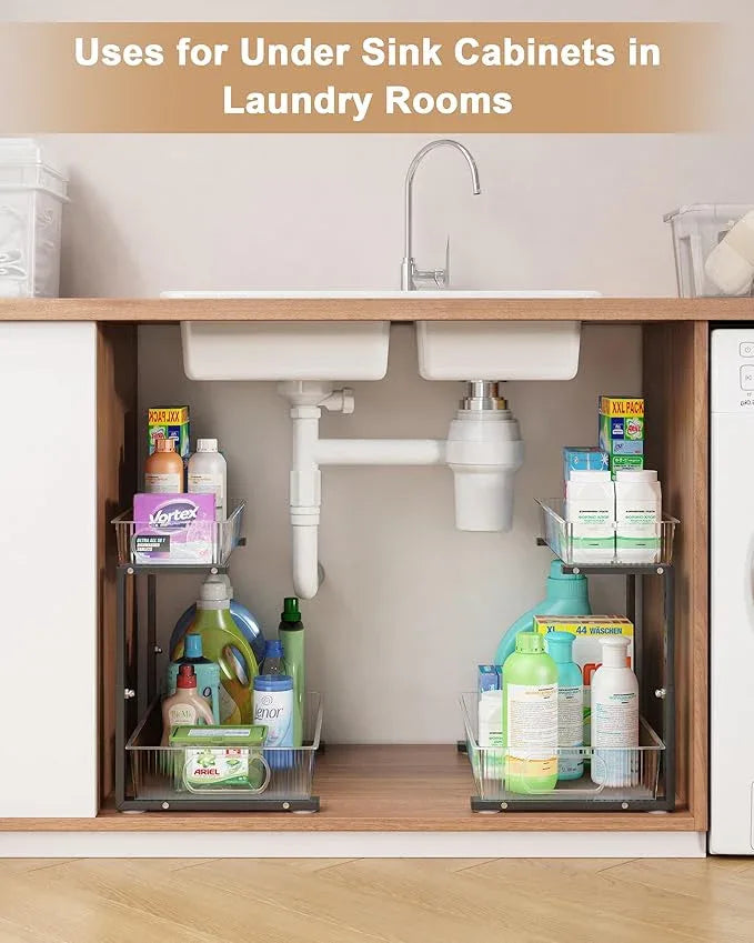 UMDONX Under Sink Organizer 2-Pack Adjustable Bathroom Under Sink Pull-Out Organizer with 5 Adjustable Heights for Kitchen, Bathroom & Laundry Storage - NeatNest