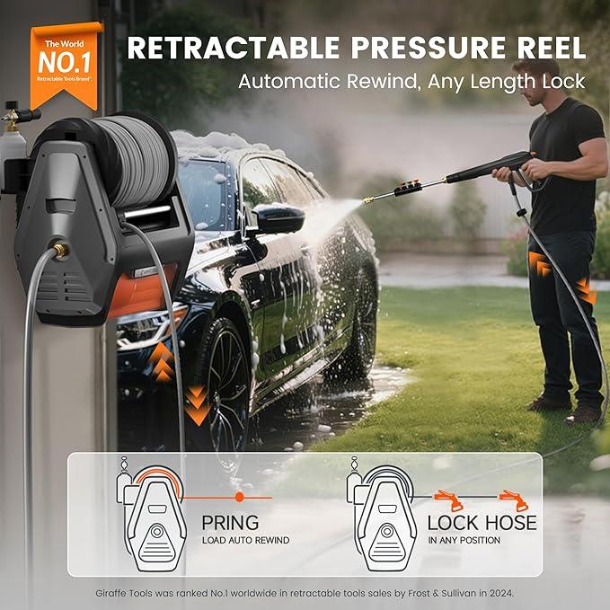Giraffe Tools Grandfalls Retractable Pressure Washer Pro, Wall Mounted Pressure Washer with 1800W Brushless Motor, 3700PSI Electric Power Washer with 100ft Pressure Hoses, Dark Silver - NeatNest