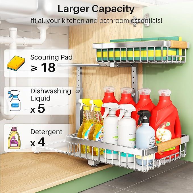 Under Sink Organizer, Stainless Steel 1-Pack 2 Tier Under Sink Organizers and Storage, Slide out Pull out Cabinet Shelf, Sliding Drawer for Kitchen Bathroom Pantry Cabinet Closet Organization Rack - NeatNest