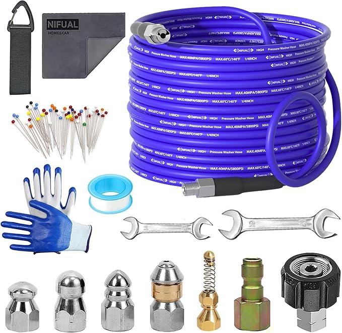 NIFUAL 100FT Sewer Jetter Kit for Pressure Washer, 5800PSI Drain Cleaner Hose 1/4 Inch NPT Corner, Rotating and Button Hose Sewer Jetting Nozzle Waterproof Tape Pearl Corsage Pin Spanner Glove - NeatNest