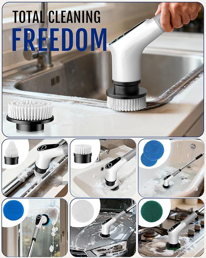 Dovety Electric Spin Scrubber, Cordless Cleaning Brush, Shower Scrubber with 8 Replaceable Brush Head, Power Cleaning Brush with Extension Handle, 2 Adjustable Speed, for Bathtub Grout Tile Floor - NeatNest