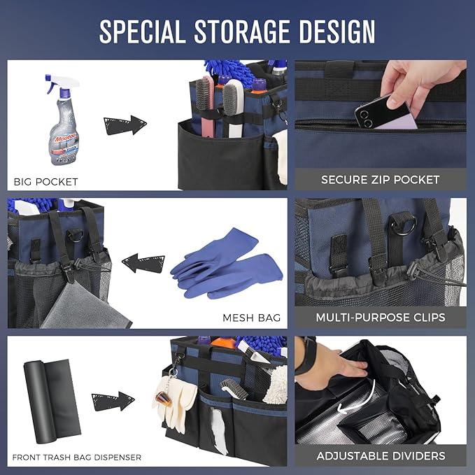 Wearable Cleaning Caddy, Cleaning Caddy Supplies Organizer with Handle & Shoulder Straps for Housekeepers, Under Sink & Car Cleaning Tool Organizers Bag with 4 Foldable Divider (NavyBlue) - NeatNest