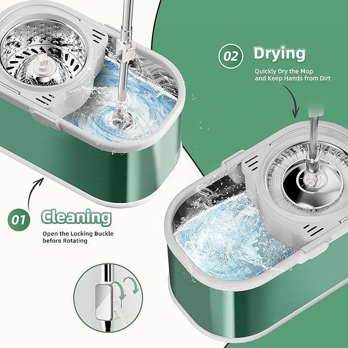 Spin Mop and Bucket with Wringer Set for Home,360° Mop and Bucket with Separate Clean and Dirty Water,Wet Dust Mop for Floor Cleaning with Extra Refills (Green) - NeatNest