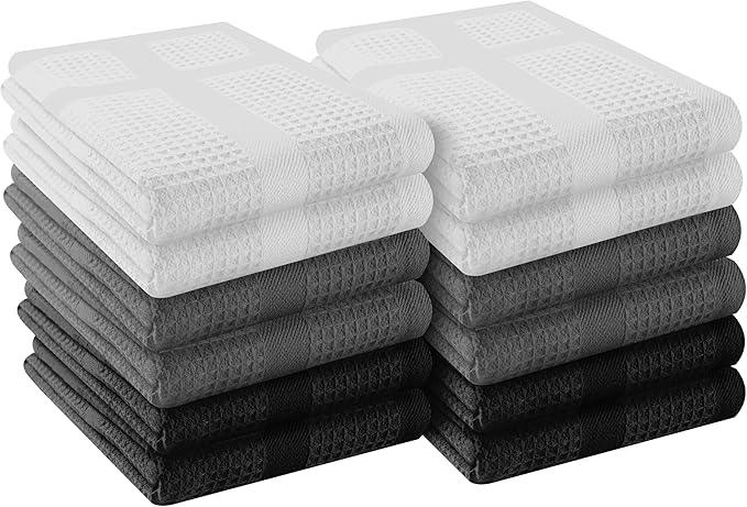 12 Pack Multi Color Waffle Weave Kitchen Towels, 16x26 Inch, 100% Cotton, Super Absorbent, Quick Dry, Hand Towels for Drying Dishes, Cleaning, Durable - White, Grey, Black - NeatNest