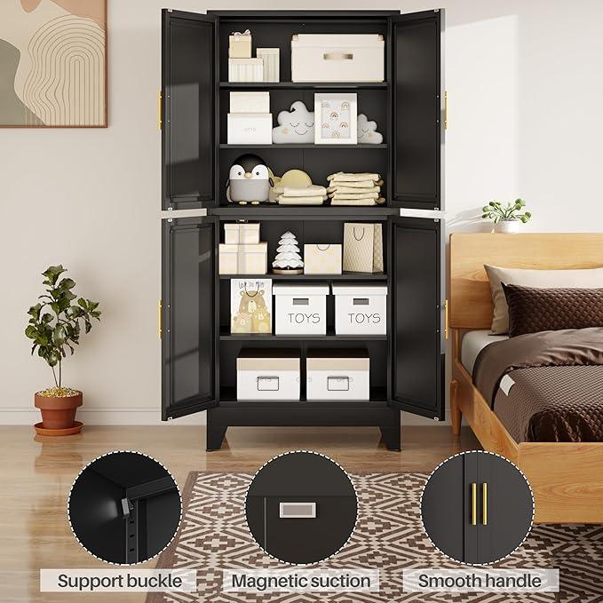 75" H Tall Kitchen Pantry Cabinet, Pantry Storage with Doors and 3 Adjustable Shelves, Metal Storage, Cupboard for Kitchen, Black - NeatNest