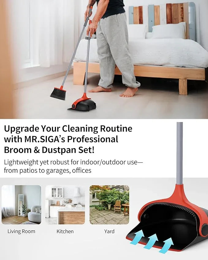 MR.SIGA Broom and Dustpan Set with Long Handle, Stand Upright Broom with Dustpan Combo for Floor Cleaning, Lightweight Sweeping Set for Indoor and Outdoor Use, 51.7"(131 cm) Long Handle, Black & Red - NeatNest