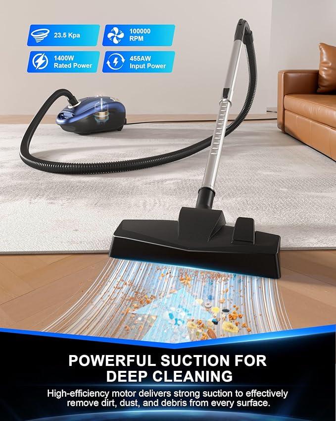 Bagged Canister Vacuum Cleaner,1400W Powerful High-Suction Bagged Canister Vac with 3.7QT Dust Bags,Pop-N-Go Brush,HEPA Filter,Dual Motors&4 Cleaning Tools,Perfect for Low-Pile Carpets&Hard Floors - NeatNest