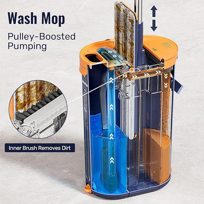Mop and Bucket Set with Wringer, 3-Tank Flat Mop and Bucket System, Wall Mop Cleaner with Long Handle, Hands Free Mops for Floor Cleaning with 4 Microfiber Pads - NeatNest