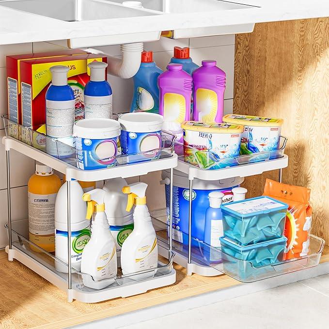 Delamu 2-Tier Multi-Purpose Bathroom Under Sink Organizers and Storage, Stackable Kitchen Pantry Organization, Pull Out Medicine Cabinet Organizer with Movable Dividers, White, 4Pack - NeatNest
