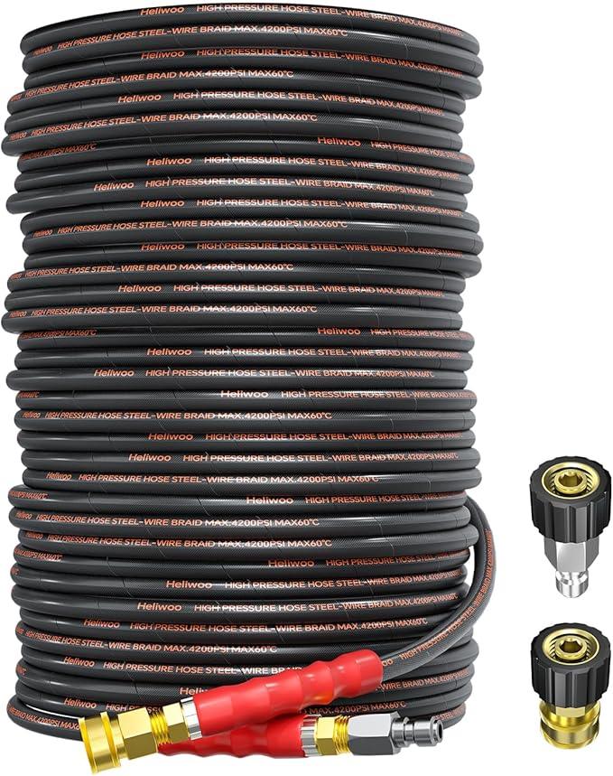 150ft Pressure Washer Hose 4200 PSI, Kink Resistant Industrial Grade Hose with 3/8 Quick Connect Ends and Adapters for Hot & Cold Water up to 140°F, Steel Wire Braided Hose for Power Washing - NeatNest