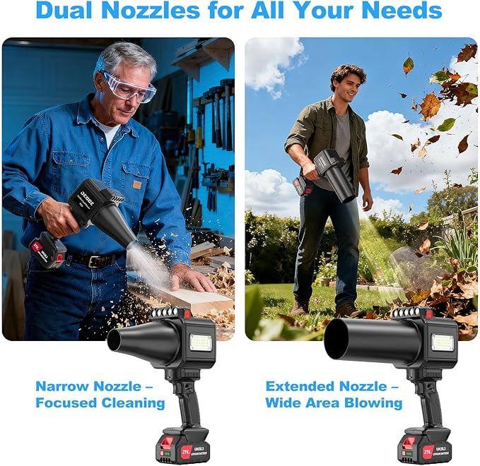 DEGGE Brushless Leaf Blower Cordless, Handheld Leaf Blowers with LED Work Light, Two Interchangeable Nozzles, Turbo Jet Blower for Lawn Care, Patio Cleaning, Garage Dust & Outdoor Use - NeatNest