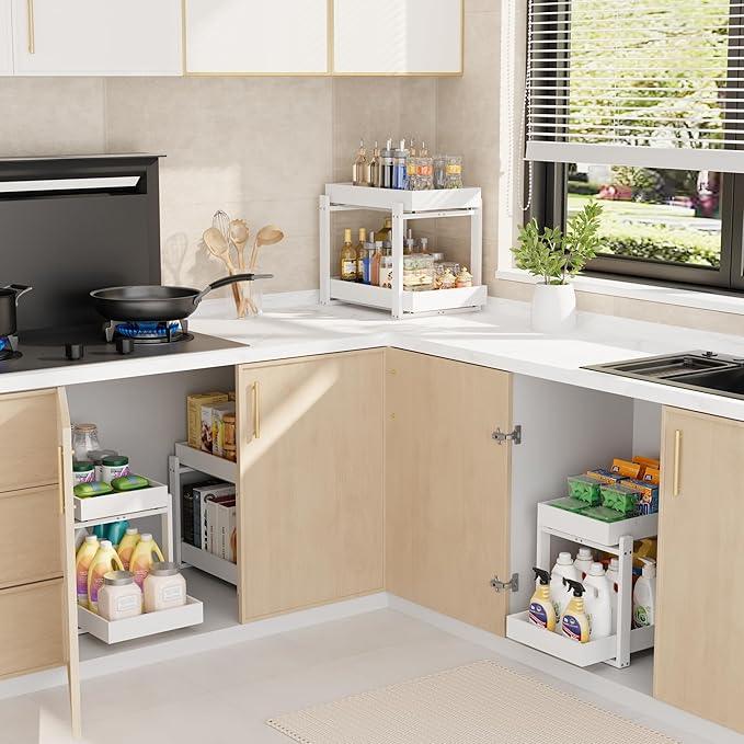 Bamboo Wood Under Sink Organizer 1 Pack, Pull Out Cabinet Organizer 2 Tier Under Sink Organizers and Storage with Sliding Drawer Sturdy Easy Assembly for Kitchen Bathroom Undersink (White, 1 Pack) - NeatNest