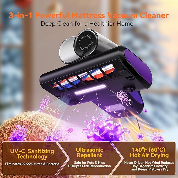 Mattress Vacuum Cleaner, 16KPa Suction Bed/Couch Vacuum, 253.7nm UV-C+140°F Heating+HEPA Filter, 600W Pet Hair Remover for Mattress/Sofa/Crib, Lightweight Corded Deep Cleaner - NeatNest