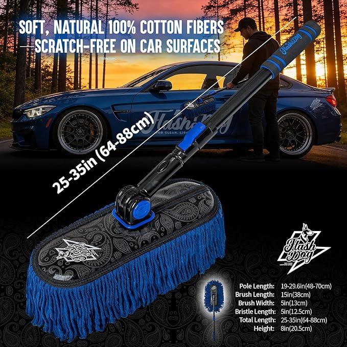 Flash Dog Car Duster Exterior - Wax Treated Cotton & Extendable Aluminum Alloy Handle Scratch Free Cleaning Brush for Cars, Trucks, SUVs, RVs, Motorcycles | Waterless Dust & Pollen Remover - NeatNest