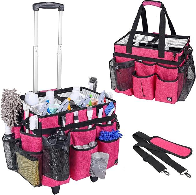 Extra Large Rolling Cleaning Caddy Bag with Detachable, Foldable Trolley Portable Cleaning Cart for Housekeeping Cleaning Caddy with Adjustable Shoulder Strap and Multiple Storage Pockets - NeatNest