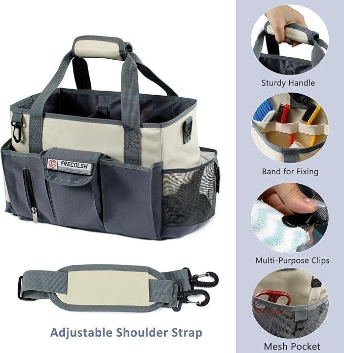Large Cleaning Caddy for Suppliers Organizer,15'' Professional Organizer with Handle,Wearable Cleaing Bag,Cleaning Storage Caddy,Cleaning Housekeeping,Ivory-Grey - NeatNest