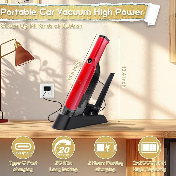 Handheld Vacuum Cordless,15KPA High Power Suction,USB Quick Charge,Car Vacuum Cleaner with Storage Dock,Lightweight Rechargeable Dust Buster with Crevice Tool Pet Brush Hand Vac for Home,Red - NeatNest