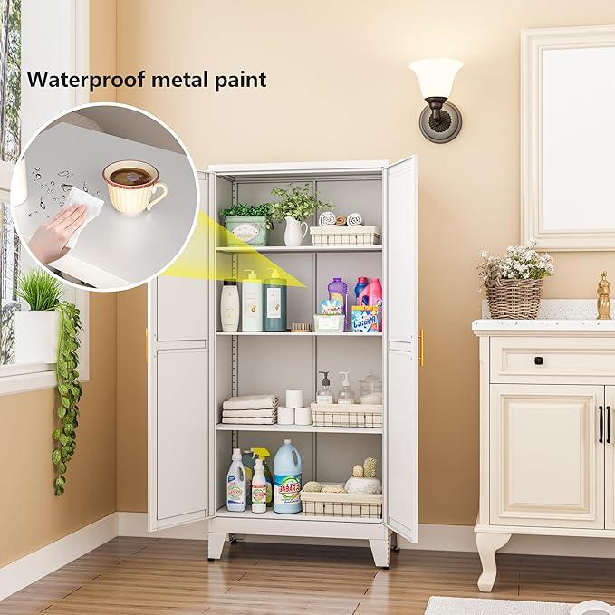 White Metal Storage Cabinet, 48" Steel Cabinets for Home Office, Kitchen Pantry Storage Cabinet with Doors and 3 Adjustable Shelves, for Office, Home, Garage, School - NeatNest