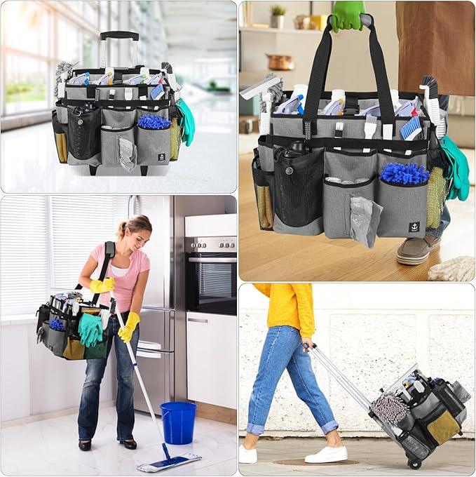 Extra large Rolling Cleaning caddy bag with Detachable, Foldable Trolley Portable Cleaning Cart for Housekeeping Cleaning caddy with Adjustable Shoulder Strap and Multiple Storage Pockets - NeatNest