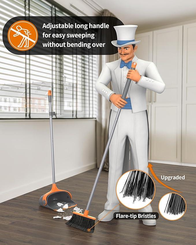 MR.SIGA Broom and Dustpan Set with Long Handle, Stand Upright Broom with Dustpan Combo for Cleaning Office, Garage, Lobby, Lightweight Sweeping Set, 51.7"(131 cm) Long Handle, Gray & Orange - NeatNest