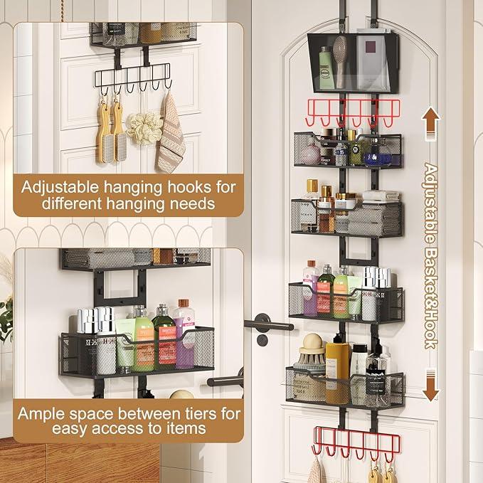 Adjustable Over The Door Organizer, Metal Hanging Door Storage with 4 Metal Baskets and PVC Pocket, Closet Door Organizer for Bathroom Bedroom Cabinet, Black - NeatNest