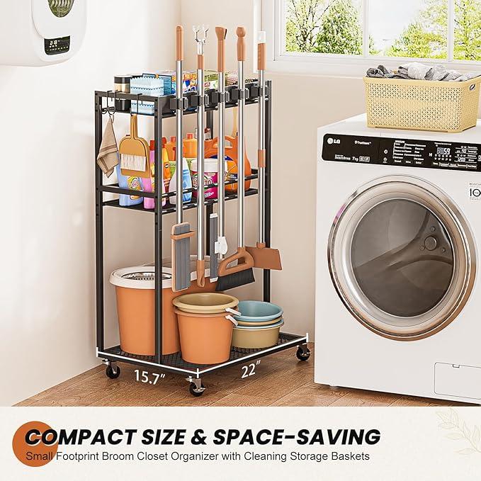 Broom Holder with Cleaning Supplies Organizer, Broom Closet Storage Cabinet with Mop Hanger Gripper Rack Hooks, Cleaning Housekeeping Janitorial Cart with Cleaning Caddy, Laundry Room Organization - NeatNest