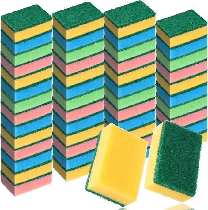 Patelai 100 Pcs Heavy Duty Cleaning Scrub Sponges for Kitchen Abrasive Scrubber Sponge Bulk One Scouring Scrubbing One Absorbent Dish for Washing Dishes Kitchen, Assorted Colors - NeatNest