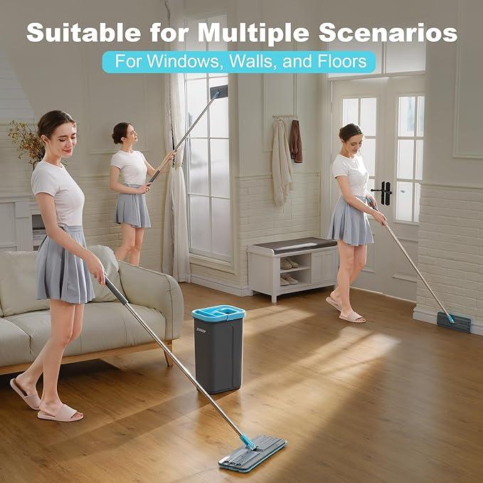 JOYMOOP Mop and Bucket Set with Wringer, with 5 Reusable Microfiber Mop Pads, Mops for Floor Cleaning and Wall Cleaning, Hands-Free Flat Mop for Home Use - Grey+Cyan Blue - NeatNest