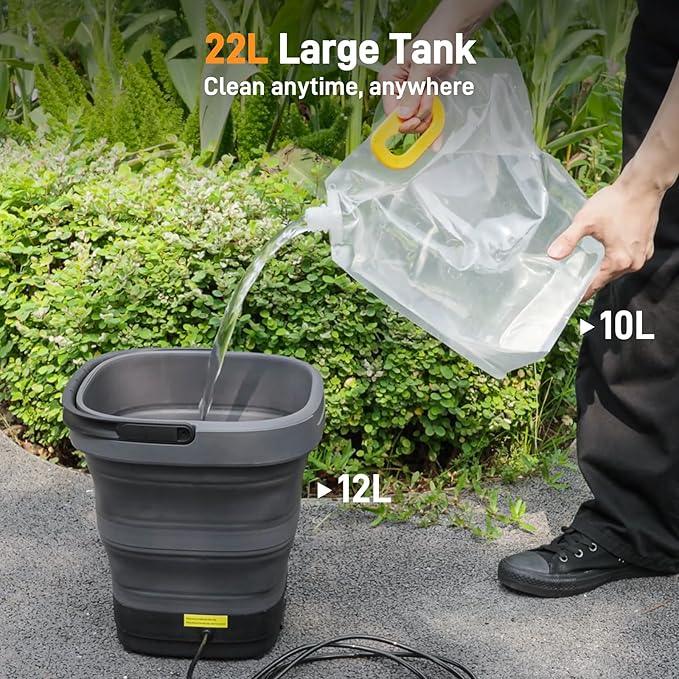 Teslong Portable Electric Pressure Washer with 12L Tank, Foldable Design, 4-in-1 Nozzle, Type-C Charging, 10L Water Storage Bag, Cordless Power Washer for Outdoor Camping, Gardening, and Pet Grooming - NeatNest