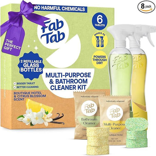 Fab Tab Tablet Cleaner, Multi-Purpose & Bathrom Cleaner for Eco-Concious Cleaning, Non Harmful & Chemical-Free Formula, Convenient Refills with 2 Glass Bottles, Luxury Hotel Scent (6 Refill Tablets) - NeatNest