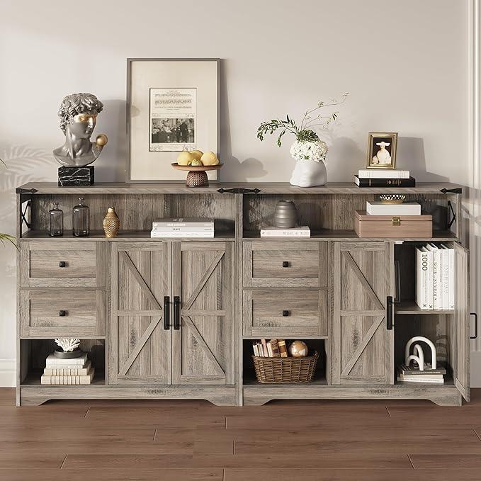 Fameill Farmhouse Storage Cabinet with Drawers and Open Storage,Freestanding Kitchen Pantry with 2 Barn Doors, Floor Cabinet with Adjustable Shelf for Living Room,Grey - NeatNest