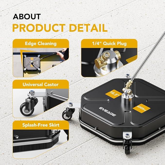 EVEAGE 16.5" Pressure Washer Surface Cleaner - Stainless Steel Power Washer Surface Cleaner with 4 Wheels & 2 Extension Wands, 4000PSI Power Washer Accessories Attachment - NeatNest