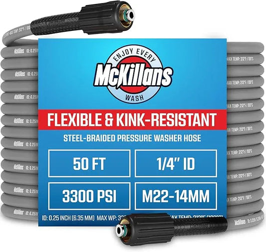 McKillans® Pressure Washer Hose 50 ft - Flexible & Kink-resistant - Steel-Braided & Durable- M22-14mm Stainless Steel Plug - Power Washer Hose - High Pressure 1/4" Inner Diameter - Long 50 ft Reach - NeatNest