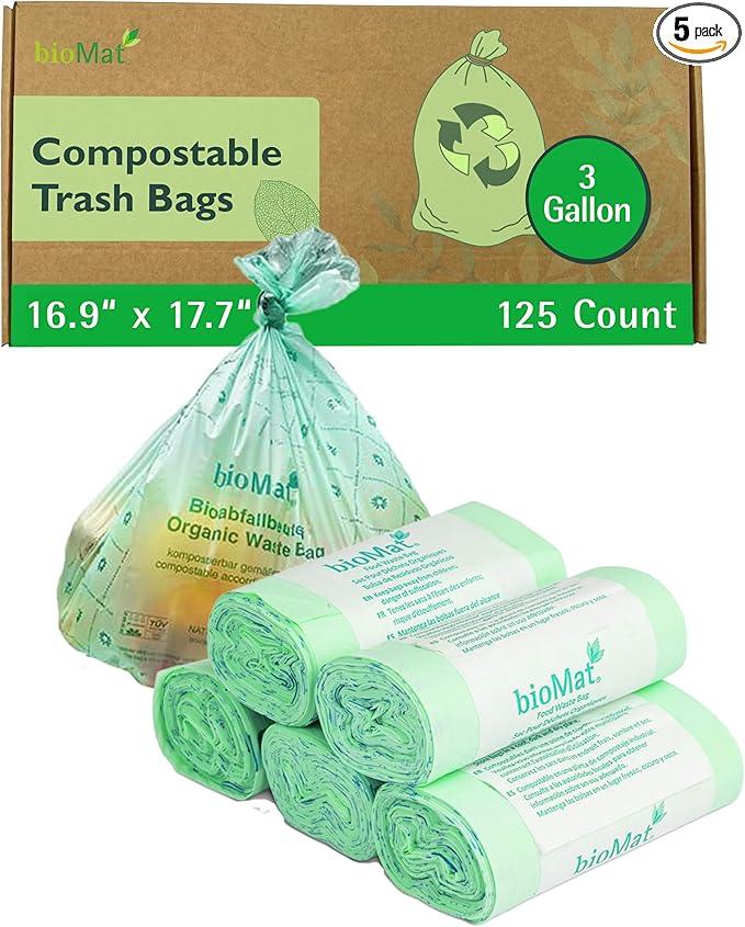 bioMat 3 Gallon Compostable Food Scrap Bags, 125 Count, Compost Bags for Kitchen Compost Bins, BPI ASTM D6400 and CMA Certified Biodegradable Trash Bags - NeatNest