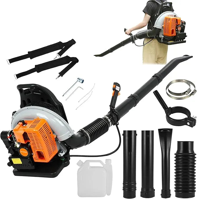 63CC Backpack Leaf Blower Gas Powered, 3HP 2-Stroke Engine, 665CFM High Velocity Air Cooling System, Adjustable Backpack Blowers Gas for Lawn, Garden, Yard, Snow, Gutter Cleaning (Power Orange) - NeatNest