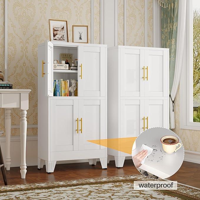 47“H White Metal Bathroom Storage Cabinet, Kitchen Pantry Cabinet with Doors and 3 Adjustable Shelves, Bathroom cabinets Organizer, for Home Office, Bedroom - NeatNest