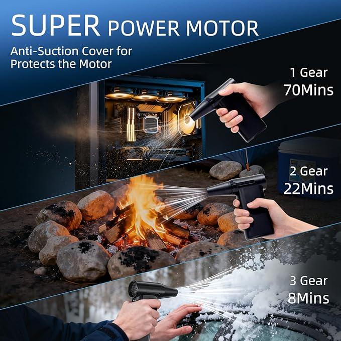 Electric Air Duster-130000 RPM Brushless Motor, 2-in-1 Blow & Vacuum, 4000mAh Rechargeable, 3 Gear Adjustable Compressed Air Duster for Computer, Keyboard, House and Car, 11pcs Accessories - NeatNest