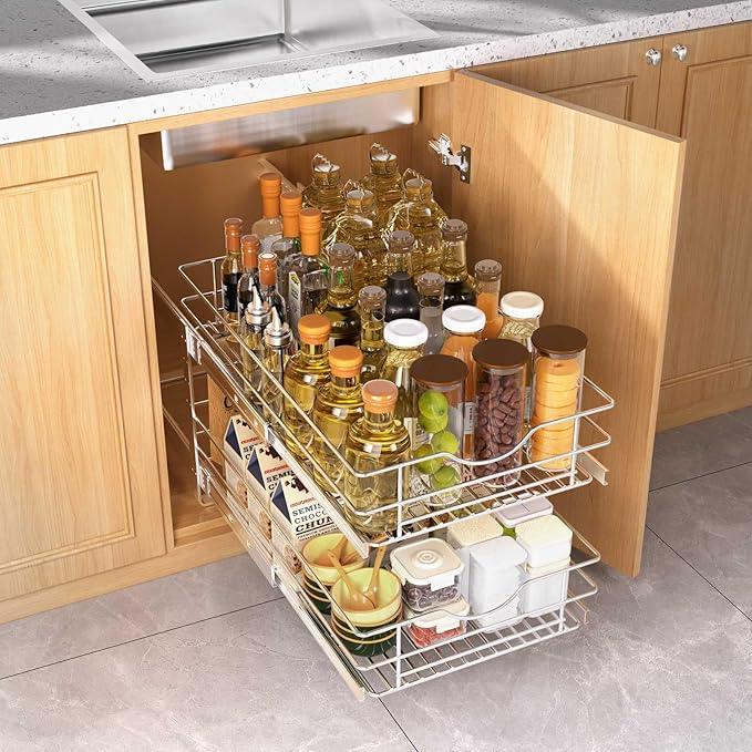 2 Tier Pull Out Cabinet Organizer,(11½"W x 22" D) Soft Close Slide Out Drawer For Kitchen Base Cabinet, Individual Pull Out Shelf, Roll Out Pantry Organization, 22 Inch Deep - NeatNest