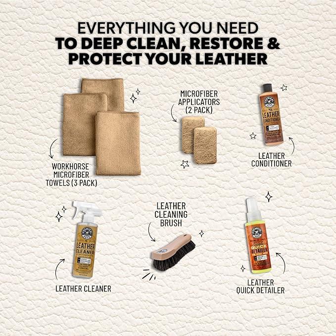 Chemical Guys Leather Cleaner and Conditioner Detailing Kit - Leather Care Kit For Natural, Synthetic, Faux, Pleather, and More for Car Interiors, Apparel, Furniture, Boots & Accessories - 9 Items - NeatNest