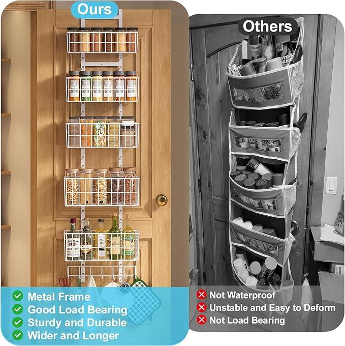 Adjustable Over The Door Organizer, Metal Hanging Door Organizer with 5 Wire Basket 7 Hooks, Wall Mounted Shelf for Pantry Closet Organization and Storage, White - NeatNest