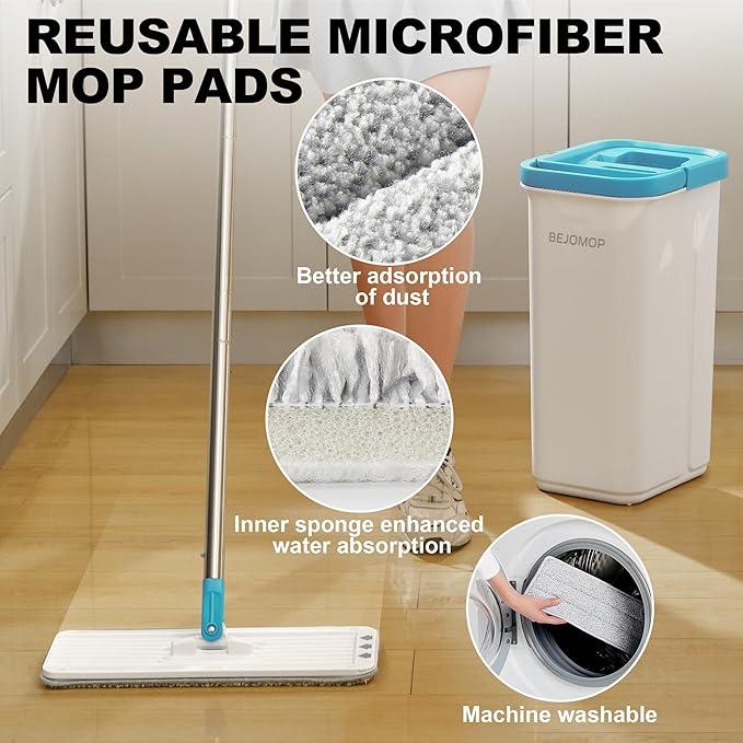 Mop and Bucket Set with Wringer, Dry & Wet Wall Mop Cleaner with Long Handle, Flat Squeeze Spin Dust Mop for Household Floor Cleaning with 4 Microfiber Mops, Turquoise-Cyan - NeatNest