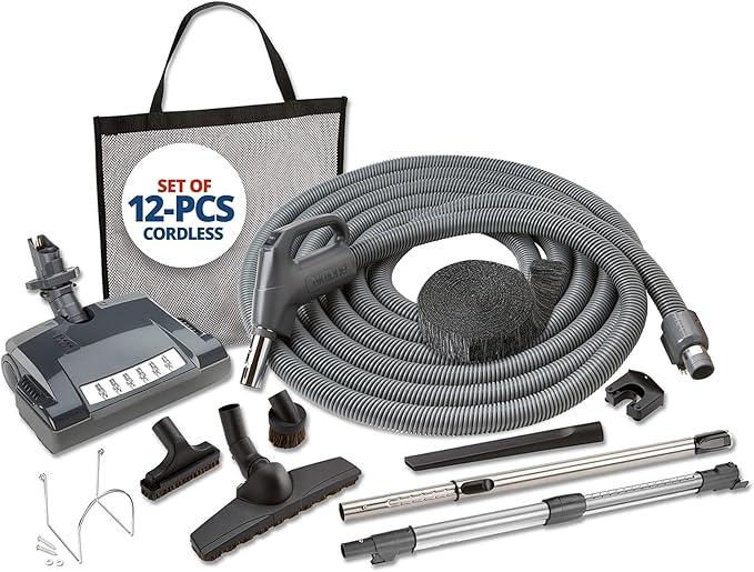 Central Vac Carpet & Bare Floor Electric Direct Connect Attachment Set for Cleaning Carpets, Hardwood Floors, Furniture & Draperies - 30FT Hose, Twist & Turn Brush, Electric Brush, Wands & Storage Bag - NeatNest