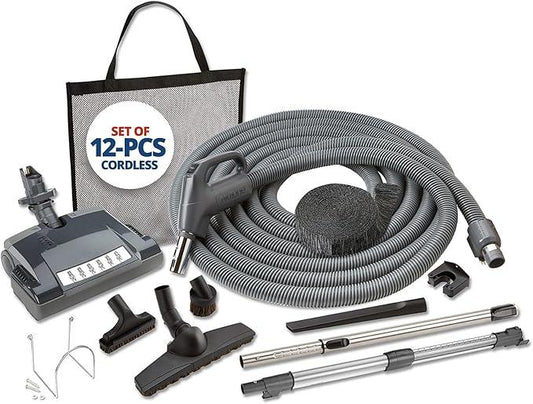 Central Vac Carpet & Bare Floor Electric Direct Connect Attachment Set for Cleaning Carpets, Hardwood Floors, Furniture & Draperies - 30FT Hose, Twist & Turn Brush, Electric Brush, Wands & Storage Bag - NeatNest