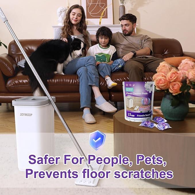 JOYMOOP Mop and Bucket with Wringer Set and Floor Cleaner Pods, Flat Floor Mop with 3 Reusable Microfiber Pads, Wet and Dry Use, Freesia Scent Pack of 15 Pacs for Floor Cleaning - NeatNest