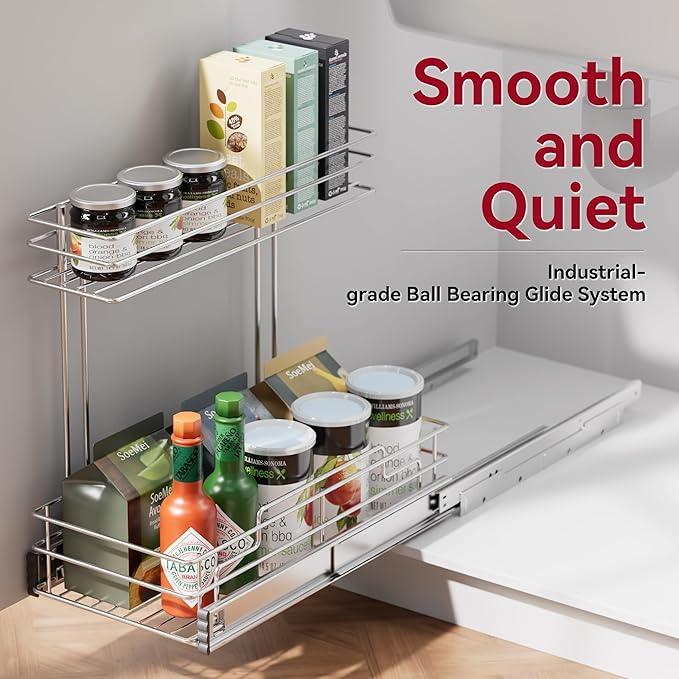Under Sink Organizer 2 Packs, Pull Out Cabinet Organizer 2 Tier, Under Sink Slide Out Organizer Chrome Plated, Under Kitchen Bathroom Sink Organizer, Pantry Cabinet Closet Organization Rack, 9"W X19"D - NeatNest