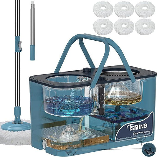 Gen 1 Large-Capacity Spin Mop and Bucket – for Big Homes & Deep Cleaning Days,4-Chamber System Separates Dirty & Clean Water, 2-GAL Heavy-Duty Design with Wheels & 6 Refill Mop Heads - Blue/Grey - NeatNest
